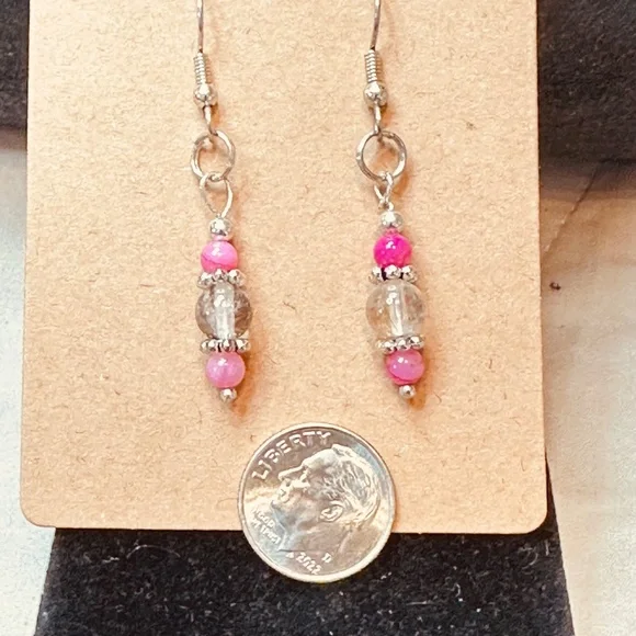 Stainless Steel Dangle Earrings w/Rutilated Quartz & Crackle Quartz - Picture 7 of 10